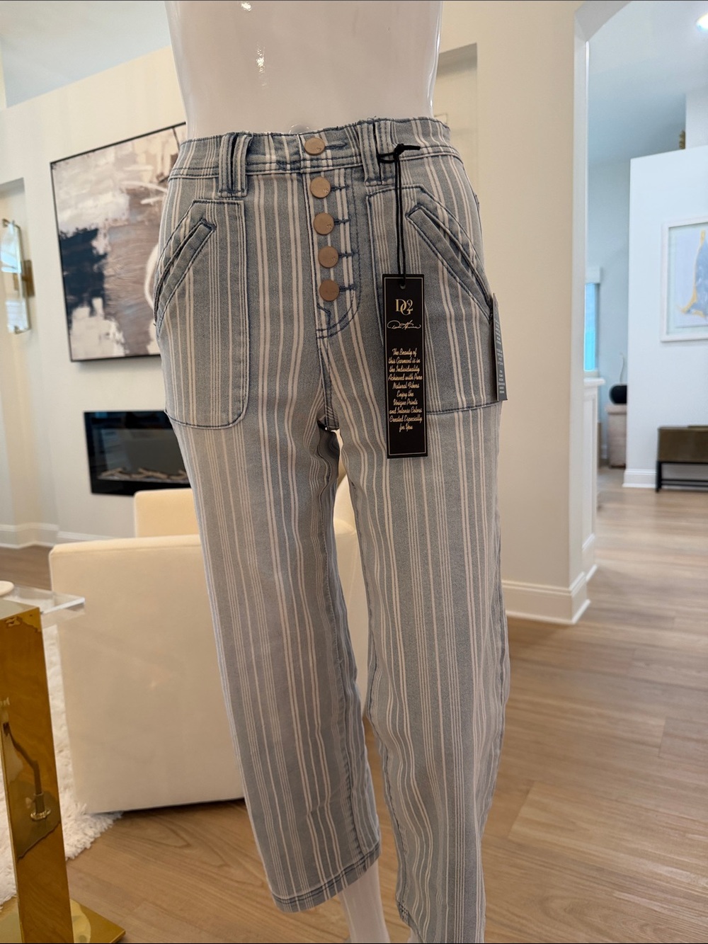 DG2 by Diane Gilman Light Blue & White Striped Cropped Jeans